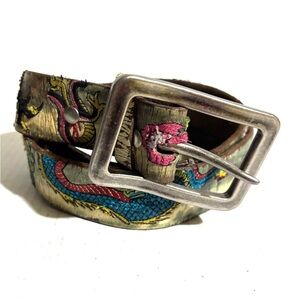 Leather Vintage unisex Colorful Dragon Pattern Belt with Silver Buckle size 34